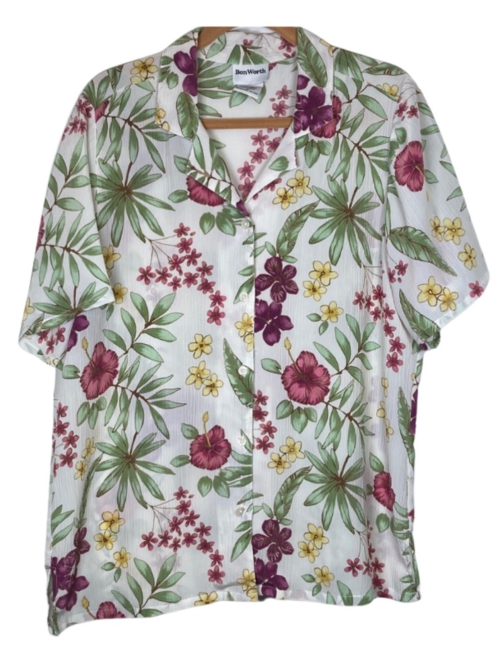 Bon Worth Tropical Floral Top Med Green and Pink Highlights Hawaiian Vacation
